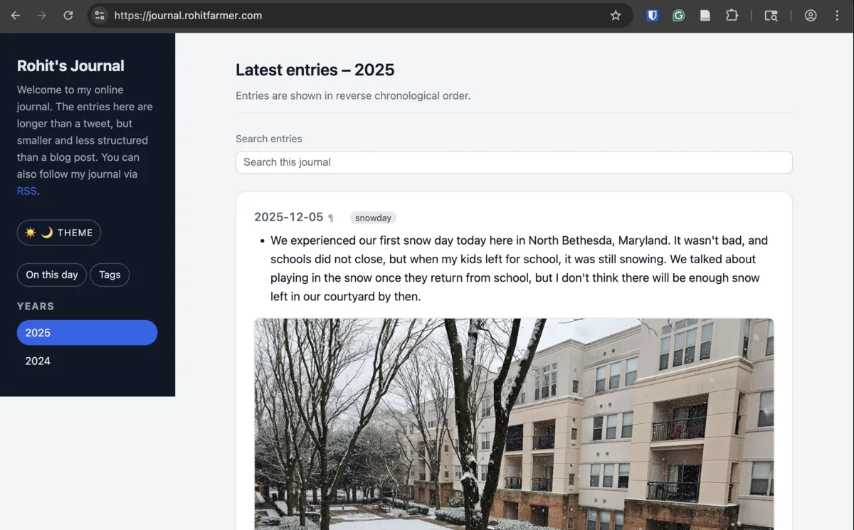 Screenshot of my journaling website